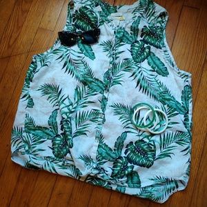 C & C California Linen Tropical Tie Front Blouse